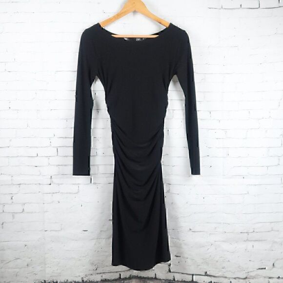 KAMALI KULTURE BLACK LONG SLEEVE RUCHED SIDES MIDI BLACK TIE COCKTAIL DRESS - Picture 1 of 9